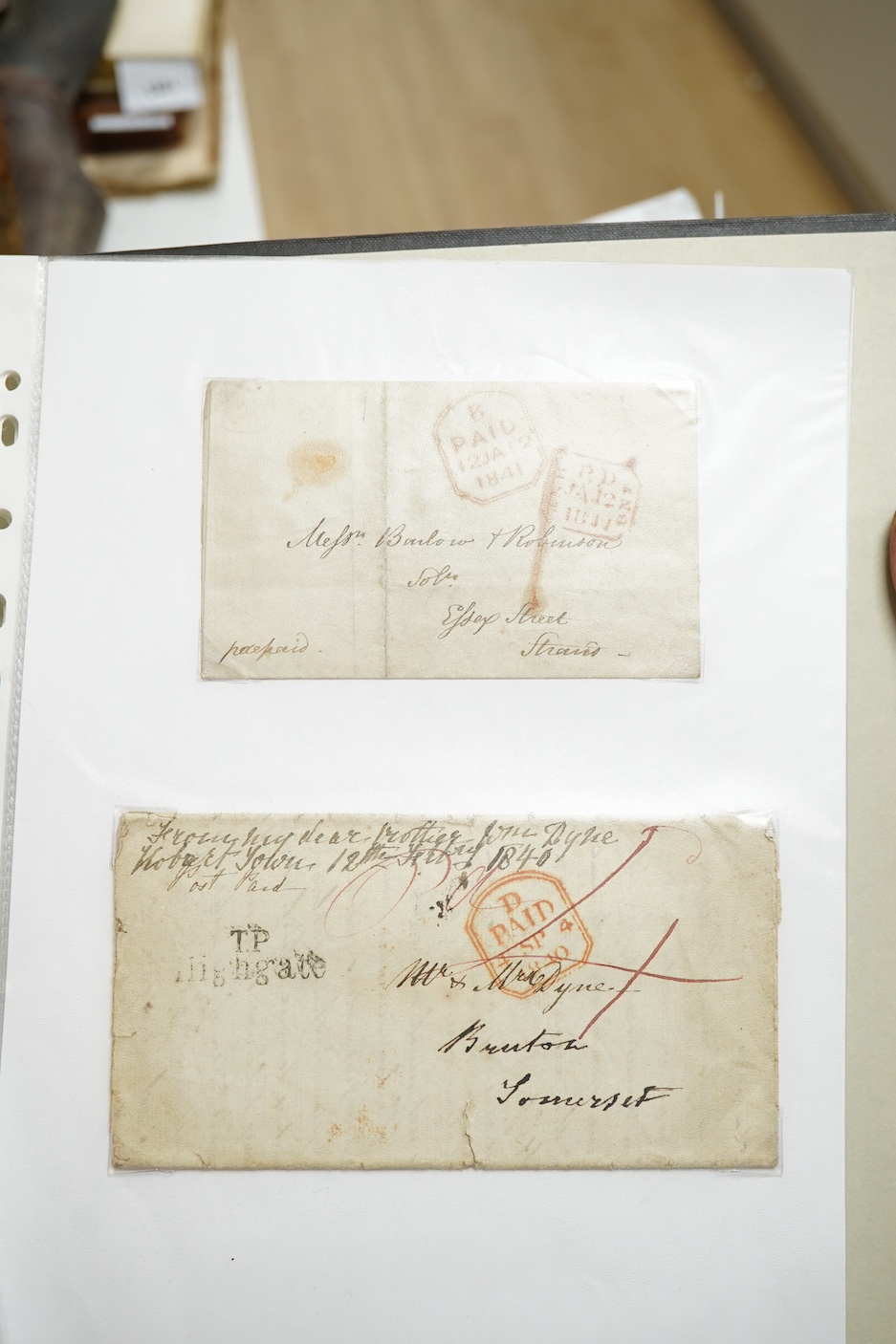 A collection of fifty early nineteenth century Georgian and Victorian franked postal covers, Victoria pre-paid ‘letter cards’ and post cards, railway Dividend Statement, Registered Letters, Fire Office statements, letter